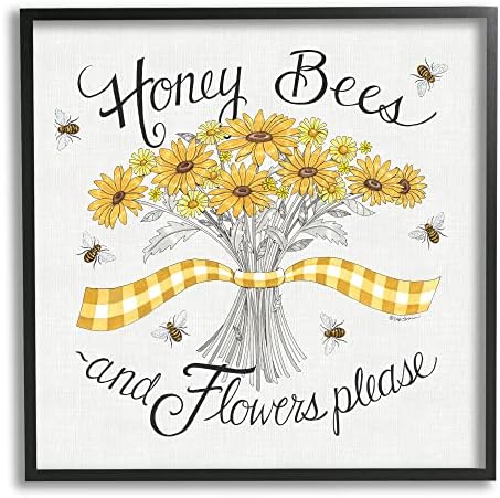 Stupell Industries медоносните пчели, цветя, моля, пишете реколта жълти маргаритки, стенни рисунки в черна рамка, 12 x 12