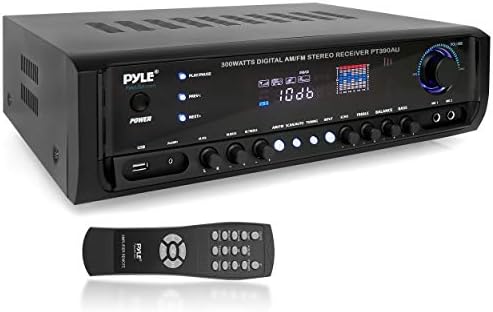 Системата усилвател Pyle Home Audio - 300 Вата, 4-канален кино, Стереозвук, приемник за развлечения с USB, RCA, AUX, микрофон с