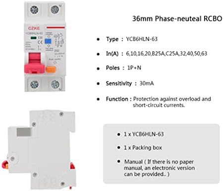 SJSW YCB6HLN-63 30mA 1P N Автоматичен прекъсвач остатъчен ток RCBO MCB 230 v 50/60 Hz, За да се предпази от изтичане на работен ток (Цвят: N 1P, размер: 32A)