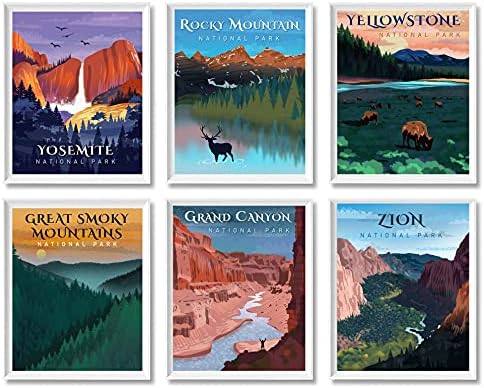 Плакати с национален парк – Комплект от 6 пътни щампи и без рамка в ретро стил, 11x14 инча, Йосемити, Йелоустоун, големия Каньон, Сион, Опушен Планина, Национални парков