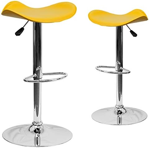 Флъш-мебели Hoover 2 бр. Модерен жълт винил бар стол с регулируема височина, с една вълнообразна седалка и хромирано основание