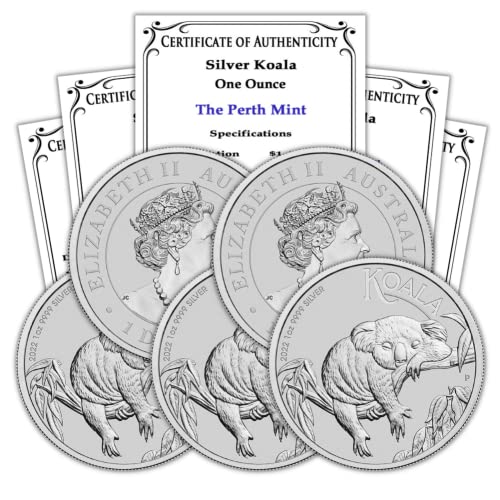 2022 P AU Лот от (5) австралийски сребърни монети Коала с тегло 1 унция, Лъскава, без лечение (в капсули), със сертификати за автентичност