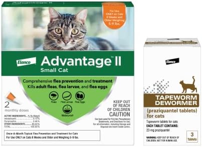 Advantage II Small Cat 2-pk + Средство за неутрализиране на котешки глисти 3 ct