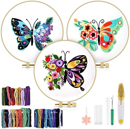 Комплект за практикуване на бродерия на пеперуда и цвете, 3 серии, Определени за начинаещи, Комплект за бродерия за начинаещи, Включва