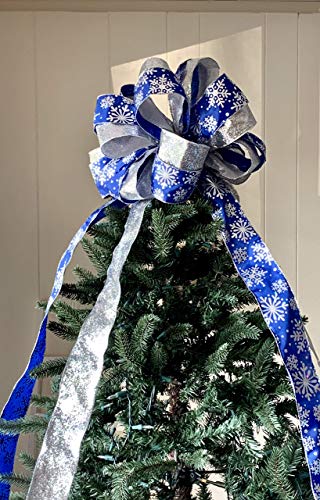 Голям лък със сини и Сребърни Блестящи Снежинками на Дървото / Синя Коледна колекция /Панделки за поръчка от Jami