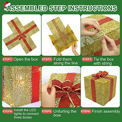 BUDO Комплект от 3 Коледни подаръци кутии с подсветка на led 100 накита от Топла Бяла Златен Мишуры с Червен Нос за домашен интериор