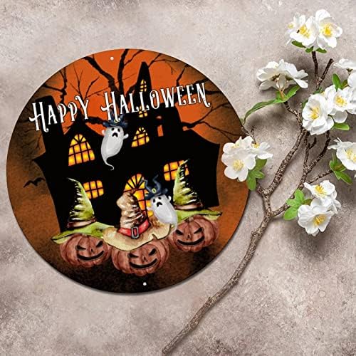 Кръгла Метална Лидице Надпис Happy Halloween Тикви Лампа Кръг Венец Знак Реколта Стенни Табели Носталгия Метален Плакат за Хелоуин