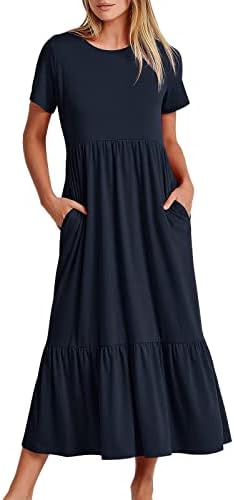 Жена лятно ежедневна рокля-люлеещ се стол с къс ръкав и кръгло деколте, ежедневното диференцирани плажна рокля макси с джобове