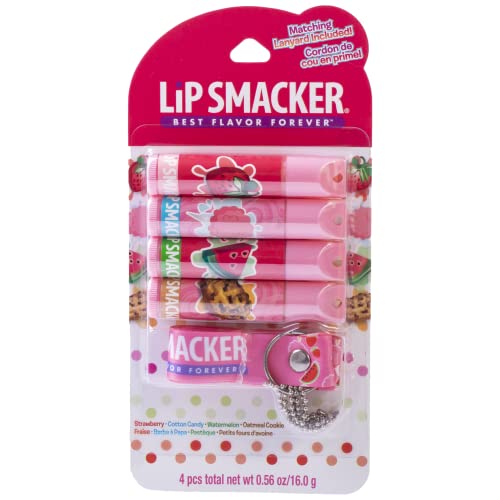 Комплект ароматизирани балсами за устни Lip Smacker и Розова дантела | Аромати на ягоди, Захарен памук, Диня, Овсяного бисквити | За деца | Пълнител за отглеждане | Коледен