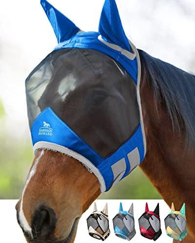Harrison Howard Pro Светещ Маска за езда Стандартна със Защитата на Ушите от ултравиолетови лъчи за коня Signature Синьо Голям пълен