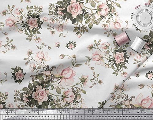 Плат за шиене от бял futon джърси Soimoi с флорални принтом листа и рози ширина 58 см