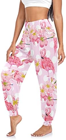 Дамски Панталон с фламинго и Тропически цветя, Джоггеры за Бягане с Висока Талия, Женски Зреещи, Удобни Пижамные Панталони за Йога