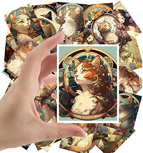 Големи етикети 24 бр (2,5 x 3,5Всяка) Портрети на котки в стил ар нуво, Реколта Картички Книгата илюстрации на Алфонс Муха Преиздаване