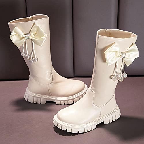 Кожени обувки за момичета, Зимни ботуши с цип с шнур, Модни детски ботуши до коляното 3-14,5 години (бели, за по-големите деца 11,5-12 години)