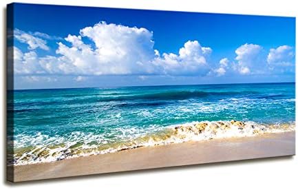 Тема синьо плажа, Модерен Отпусната Морски пейзаж в рамка, 1 Панел, Щампи върху платно Giclée, Картини с Пейзажи, рисунки Върху