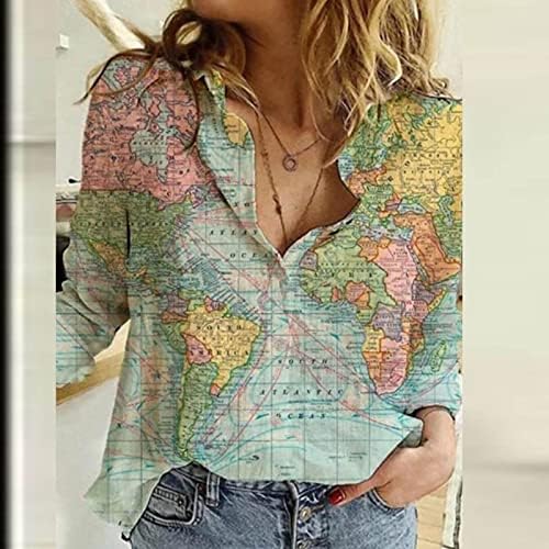 3D Тениска Дамски Бельо Тениска С Принтом Карта на Света, Забавни Блузи С Дълги Ръкави, Графична Блуза, Копчета, Тениска