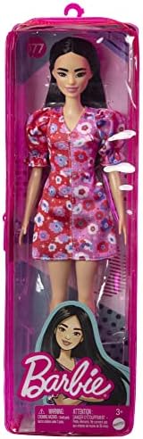Кукла-модата Барби с Дълга Черна коса и Флорална Рокля на цветчета с Пищни ръкави, Лилави джапанки на Токчета, Пръстен-пеперуда,